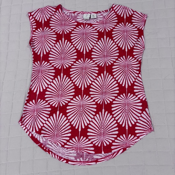 Joie 100% Linen Short Sleeve Tee Tropical Leaves Women’s Small Red Cream - Picture 2 of 7